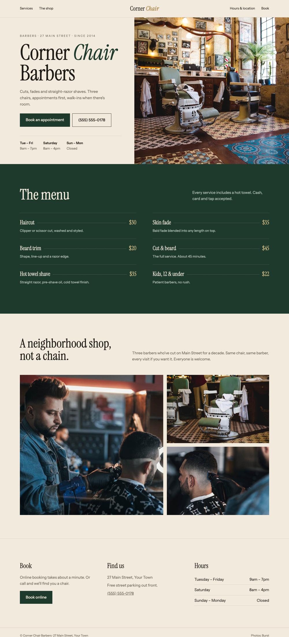Example barbershop homepage